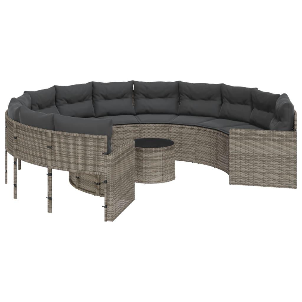 Garden Sofa with Table and Cushions Round Grey Poly Rattan