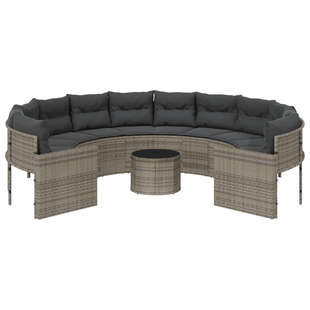 Garden Sofa with Table and Cushions Round Grey Poly Rattan