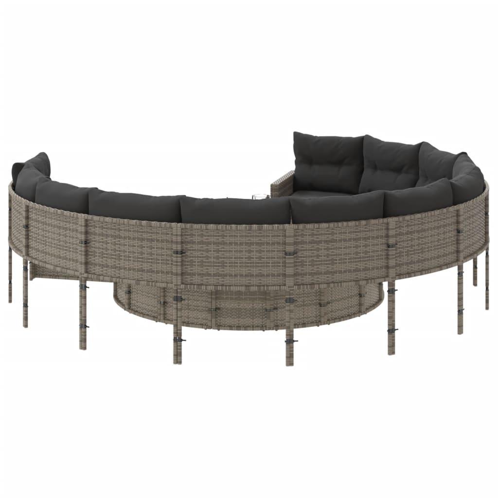 Garden Sofa with Table and Cushions Round Grey Poly Rattan