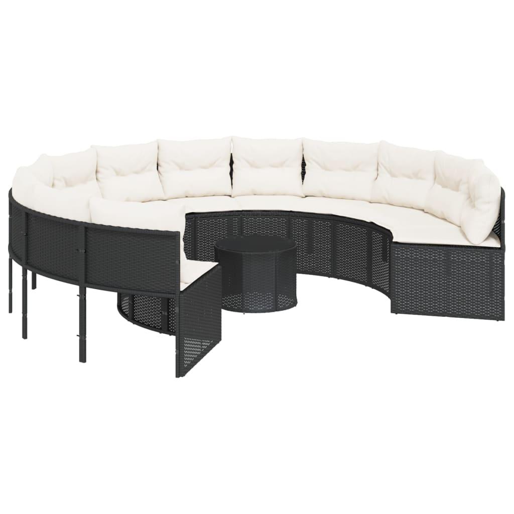 Garden Sofa with Table and Cushions Round Black Poly Rattan