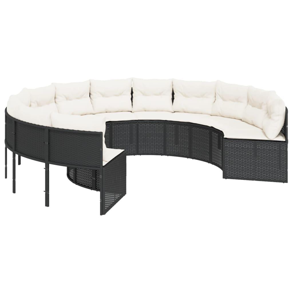 Garden Sofa with Table and Cushions Round Black Poly Rattan