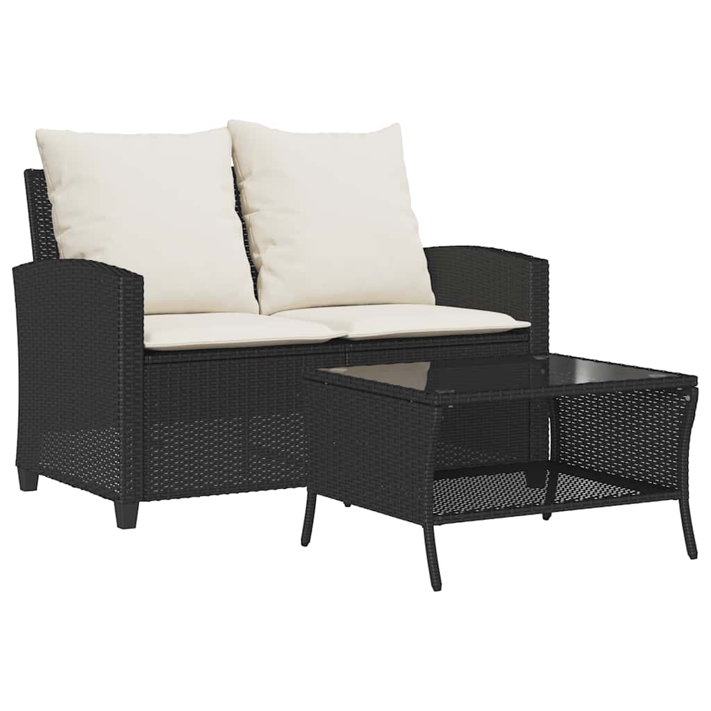 Garden Sofa 2-Seater with Cushions&Table Black Poly Rattan