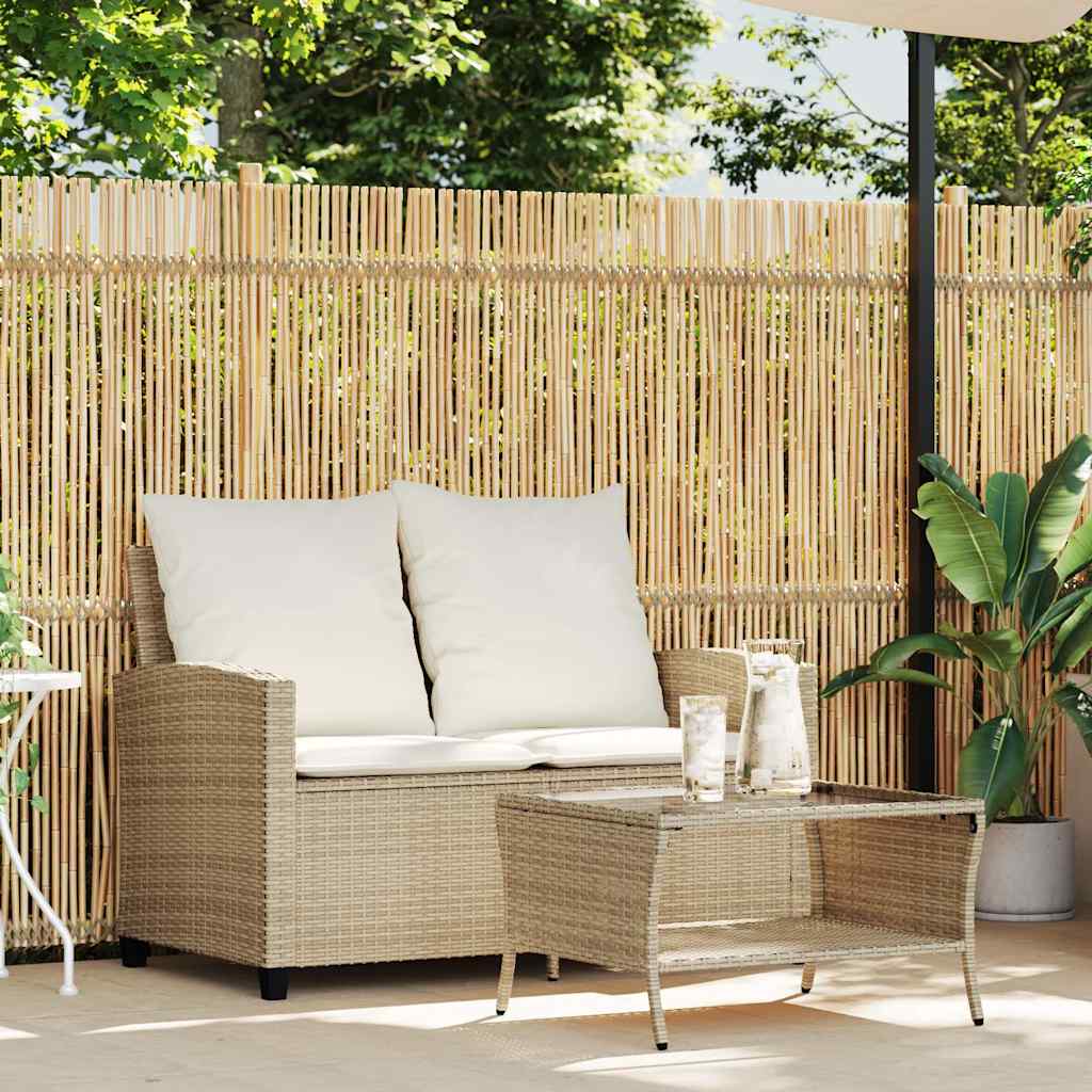 Garden Sofa 2-Seater with Cushions&Table Beige Poly Rattan