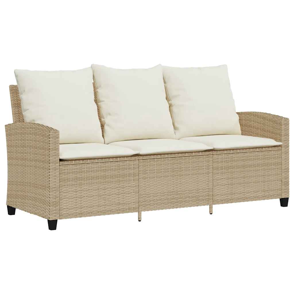 Garden Sofa 3-Seater with Cushions&Table Beige Poly Rattan