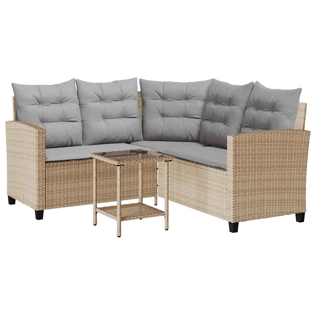 Garden Sofa with Table&Cushions L-shaped Beige Poly Rattan