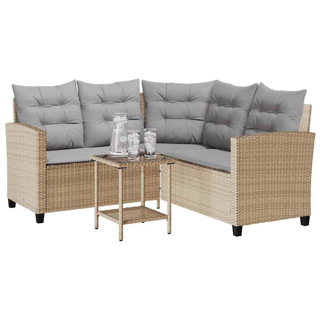Garden Sofa with Table&Cushions L-shaped Beige Poly Rattan