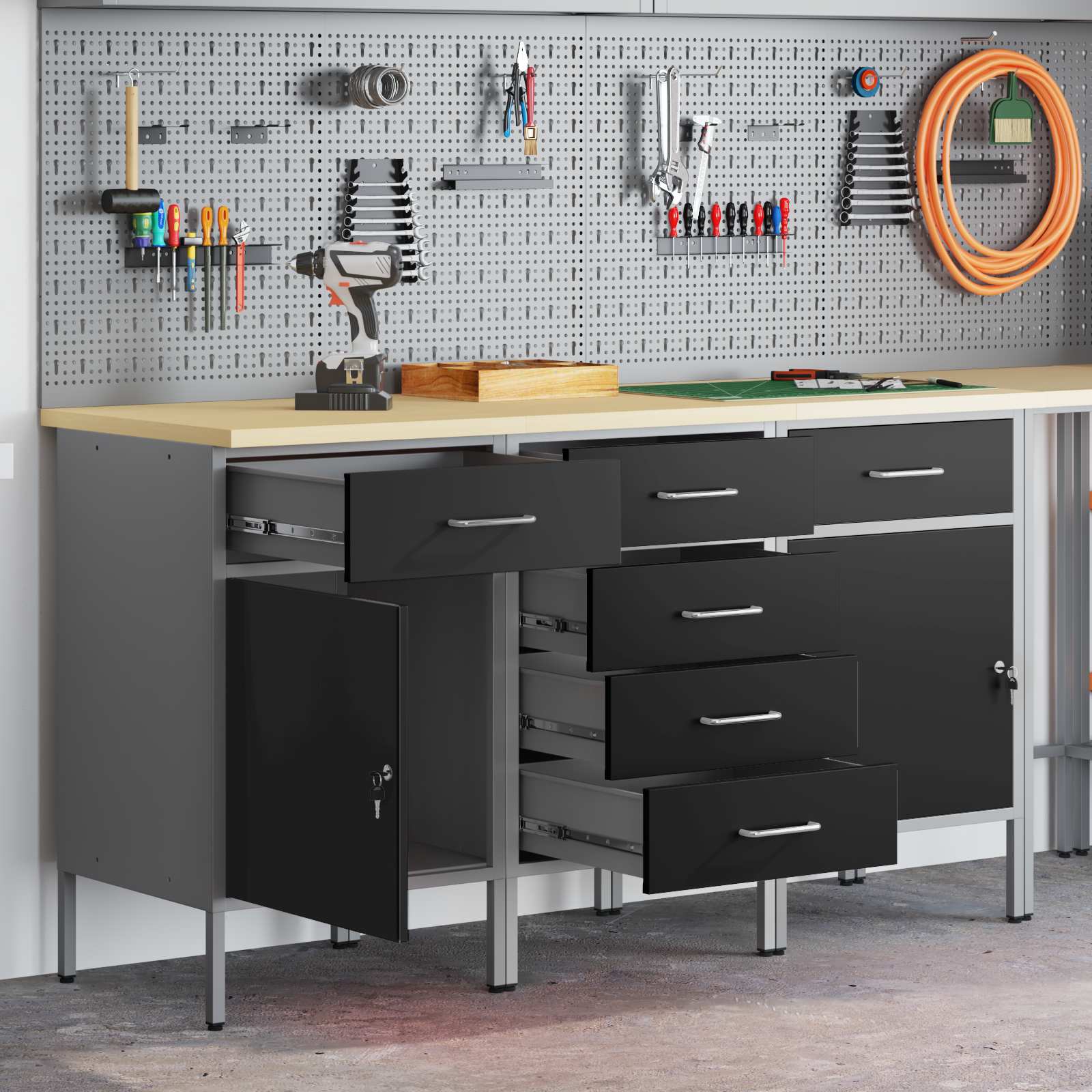 Work Cabinet with Drawer 3 pcs Black and Grey 150 x 55 x 85 cm