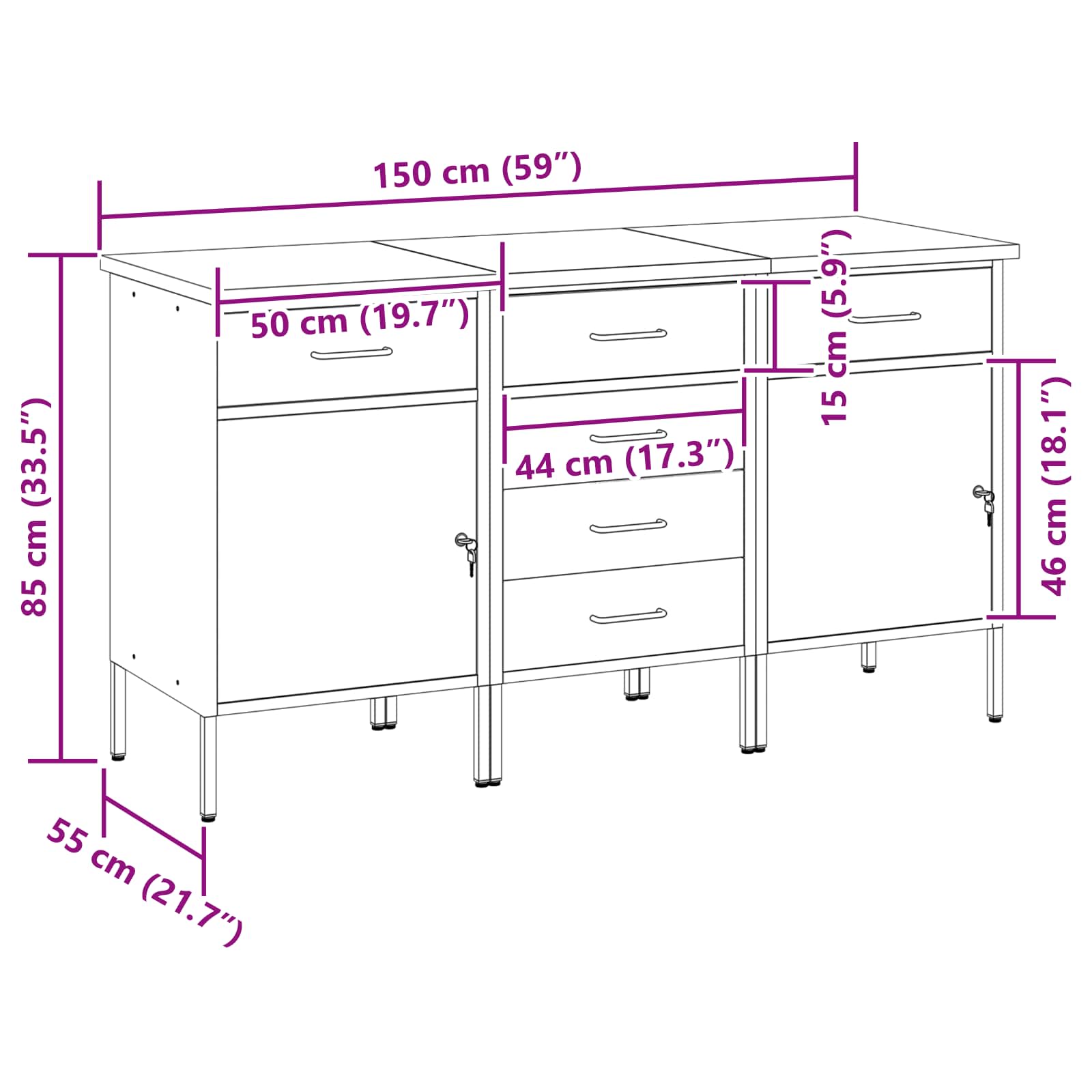 Work Cabinet with Drawer 3 pcs Black and Grey 150 x 55 x 85 cm