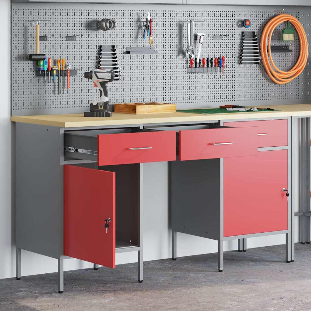 Work Cabinet 3 pcs Red and Grey Engineered wood and steel