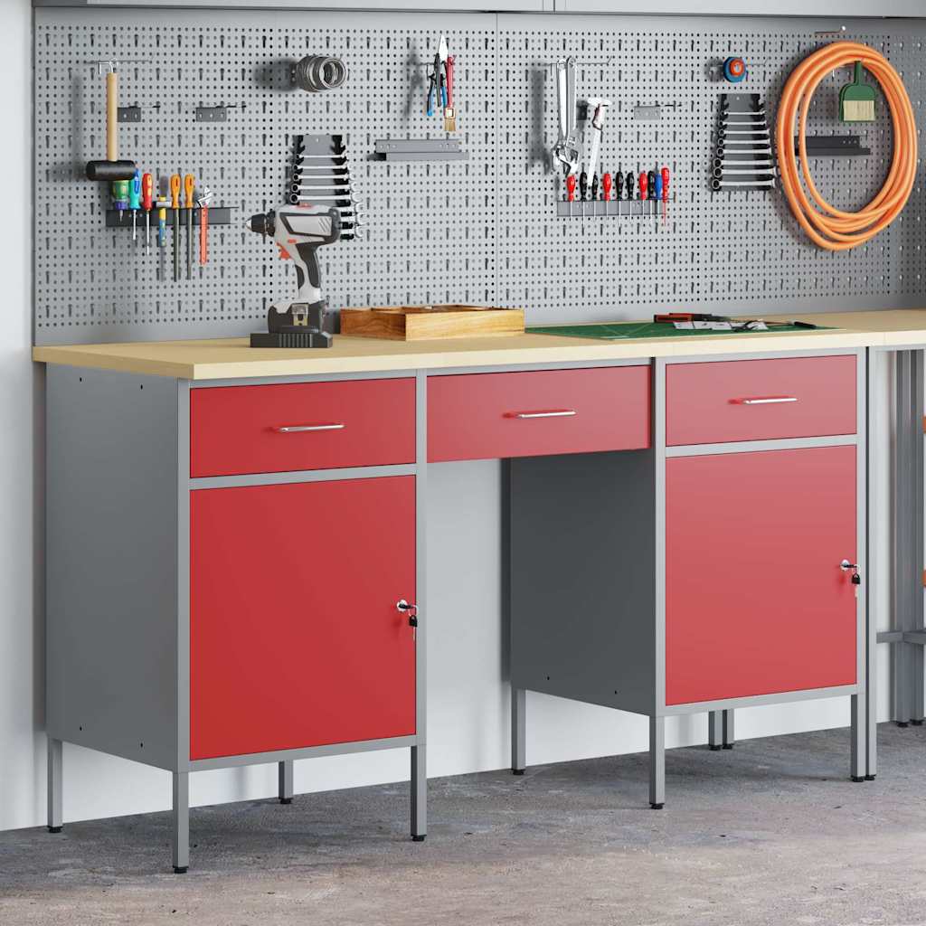 Work Cabinet 3 pcs Red and Grey Engineered wood and steel