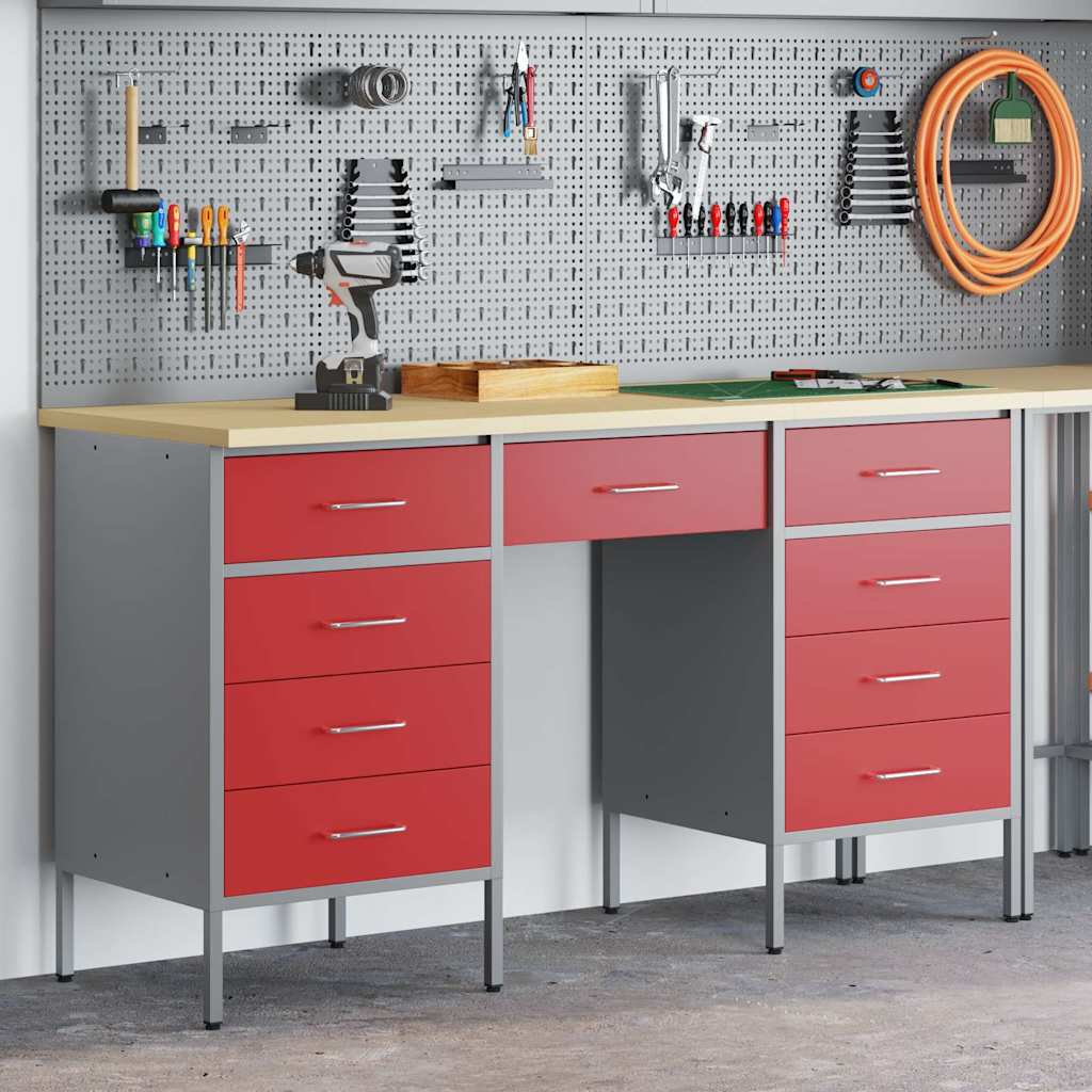 Work Cabinet with Drawer 3 pcs Red Engineered wood and steel