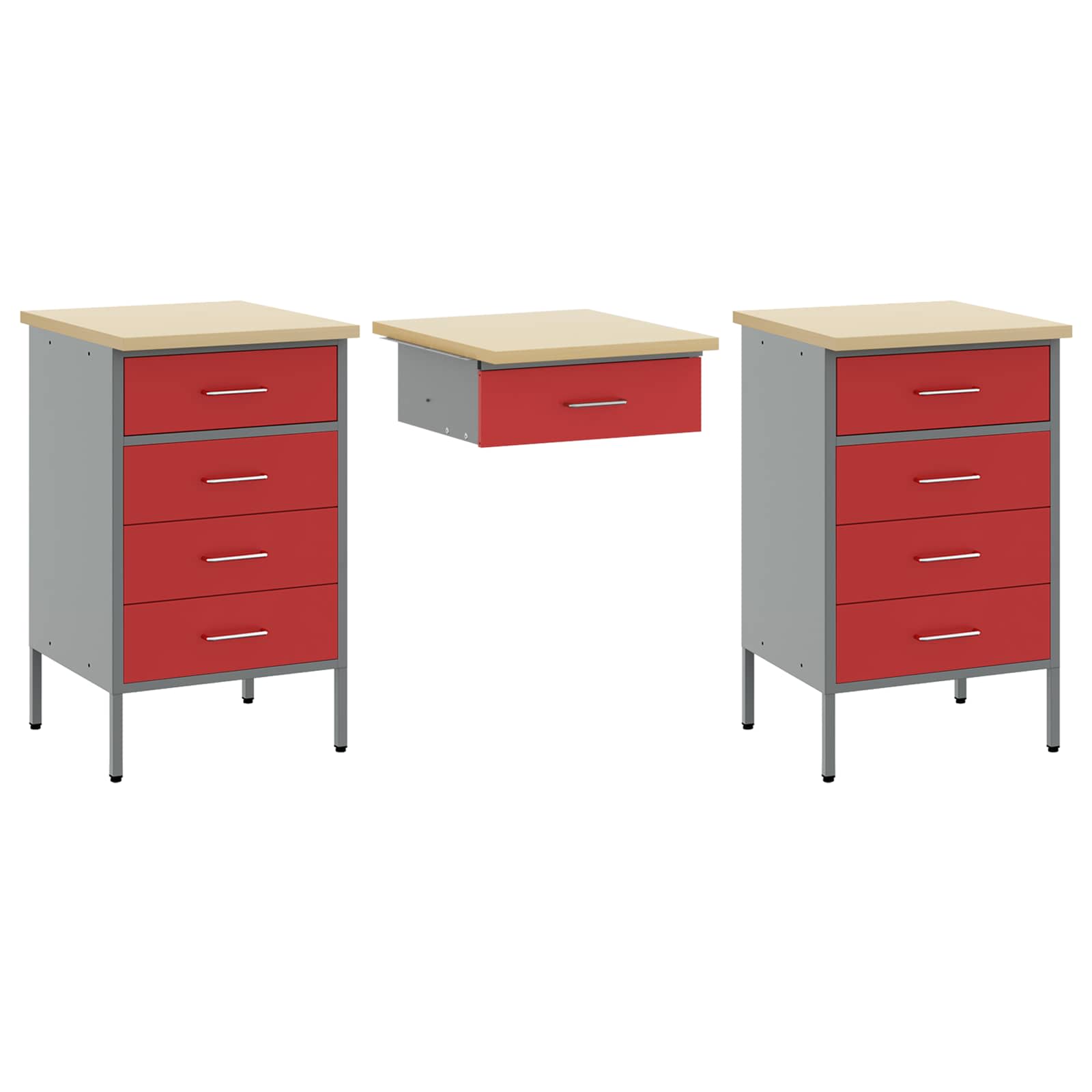 Work Cabinet with Drawer 3 pcs Red Engineered wood and steel