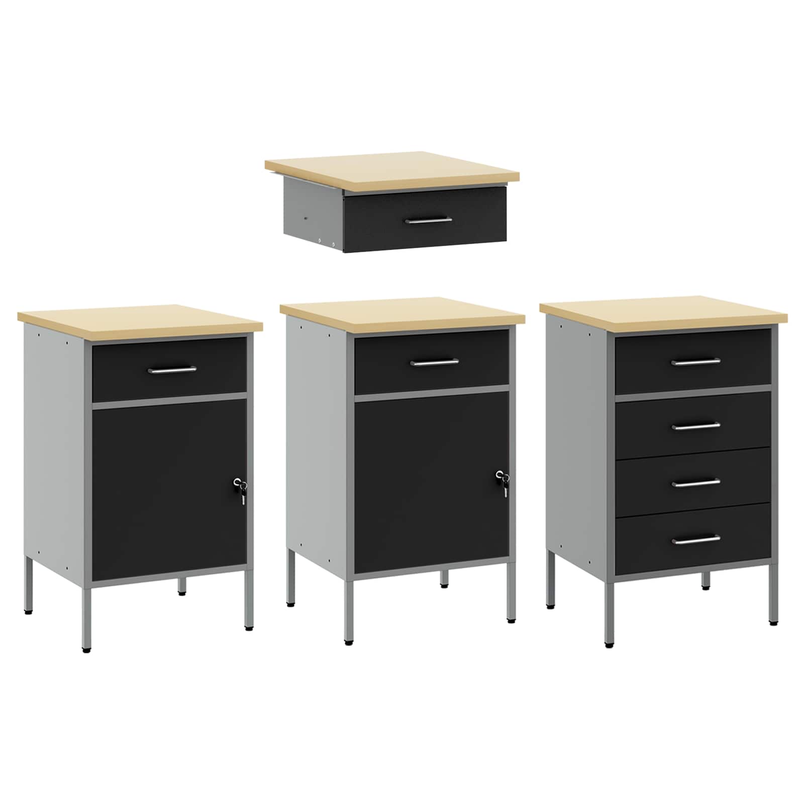 Work Cabinet with Drawer 4 pcs Black Engineered wood and steel
