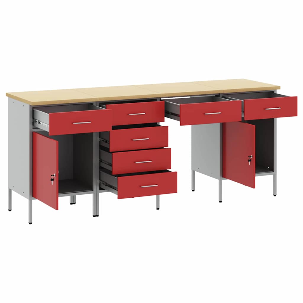 Work Cabinet with Drawer 4 pcs Red Engineered wood and steel