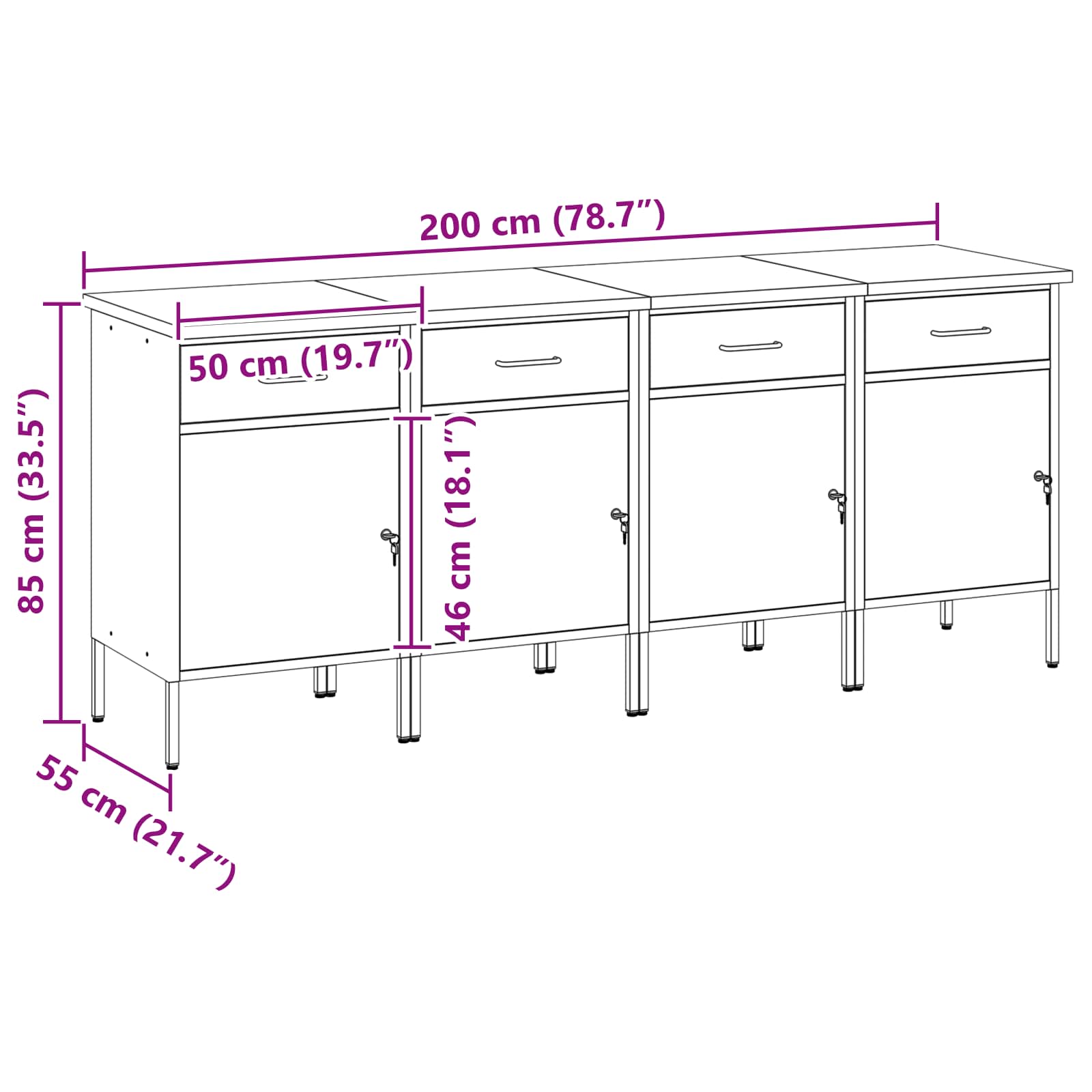 Work Cabinet with Drawer 4 pcs Red and Grey 200 x 55 x 85 cm
