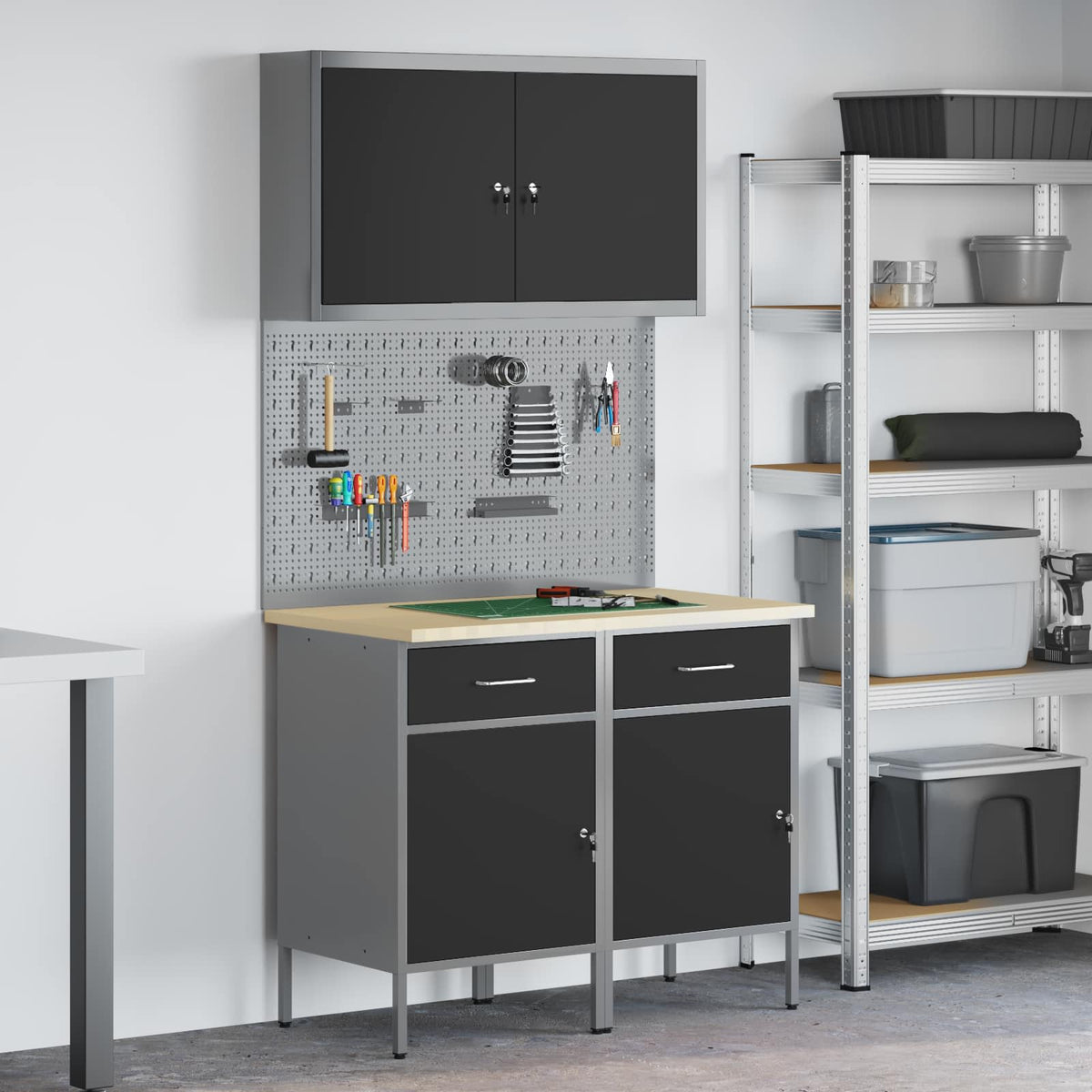 Work Cabinet with Drawer 5 pcs Black Engineered wood and steel