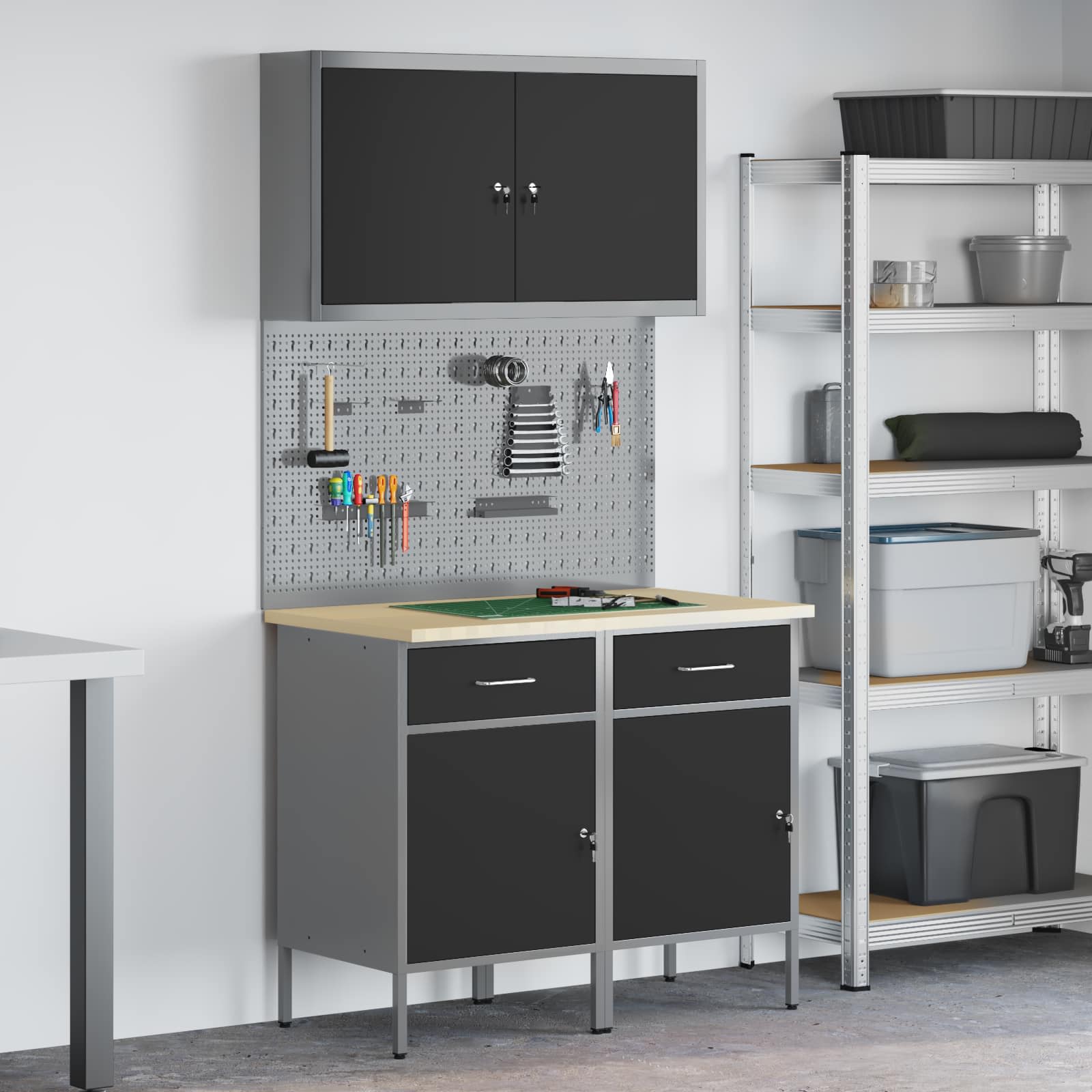 Work Cabinet with Drawer 5 pcs Black Engineered wood and steel