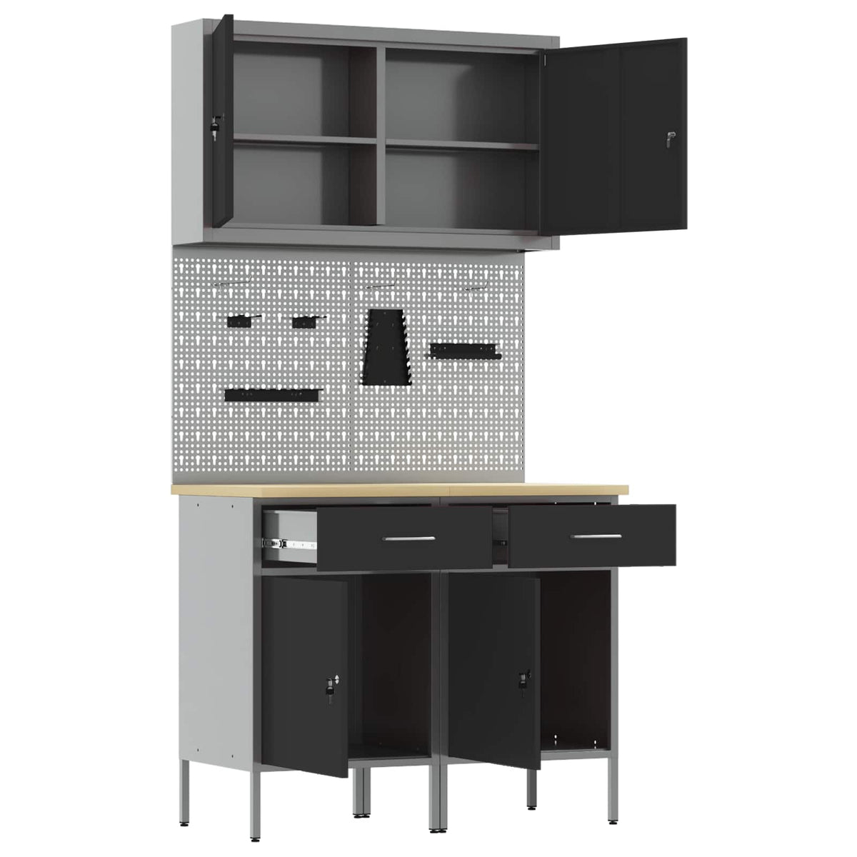 Work Cabinet with Drawer 5 pcs Black Engineered wood and steel