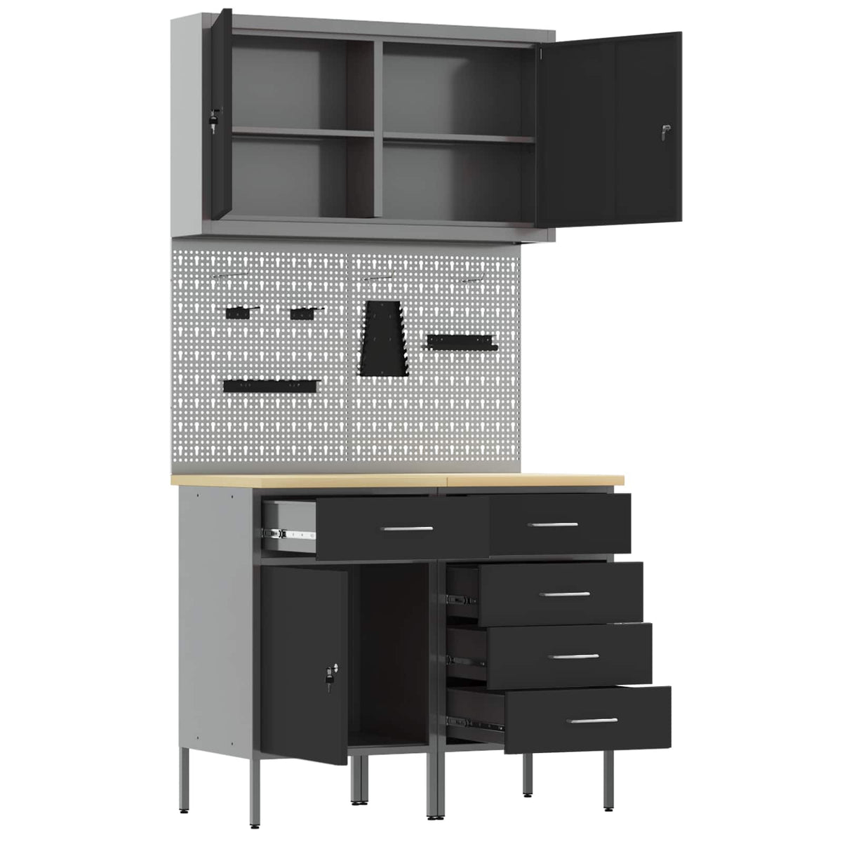 Work Cabinet with Drawer 5 pcs Black Engineered wood and steel