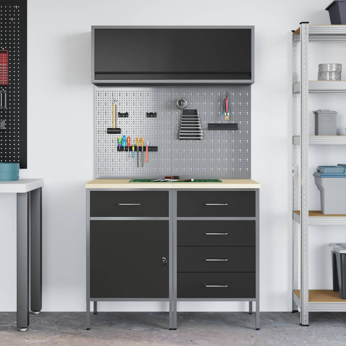 Work Cabinet Set with Drawer with Shelf Manual 5 pcs Black