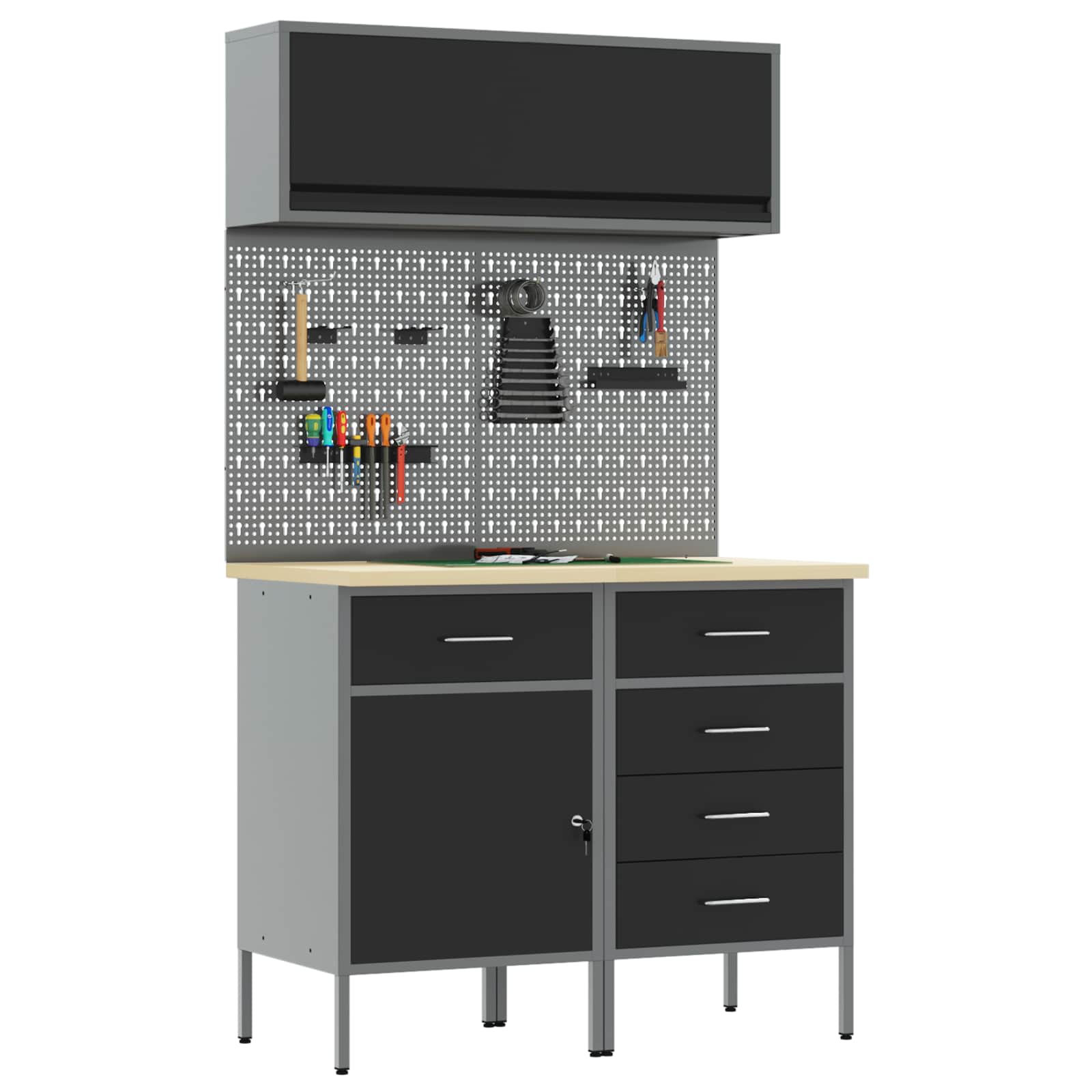 Work Cabinet Set with Drawer with Shelf Manual 5 pcs Black