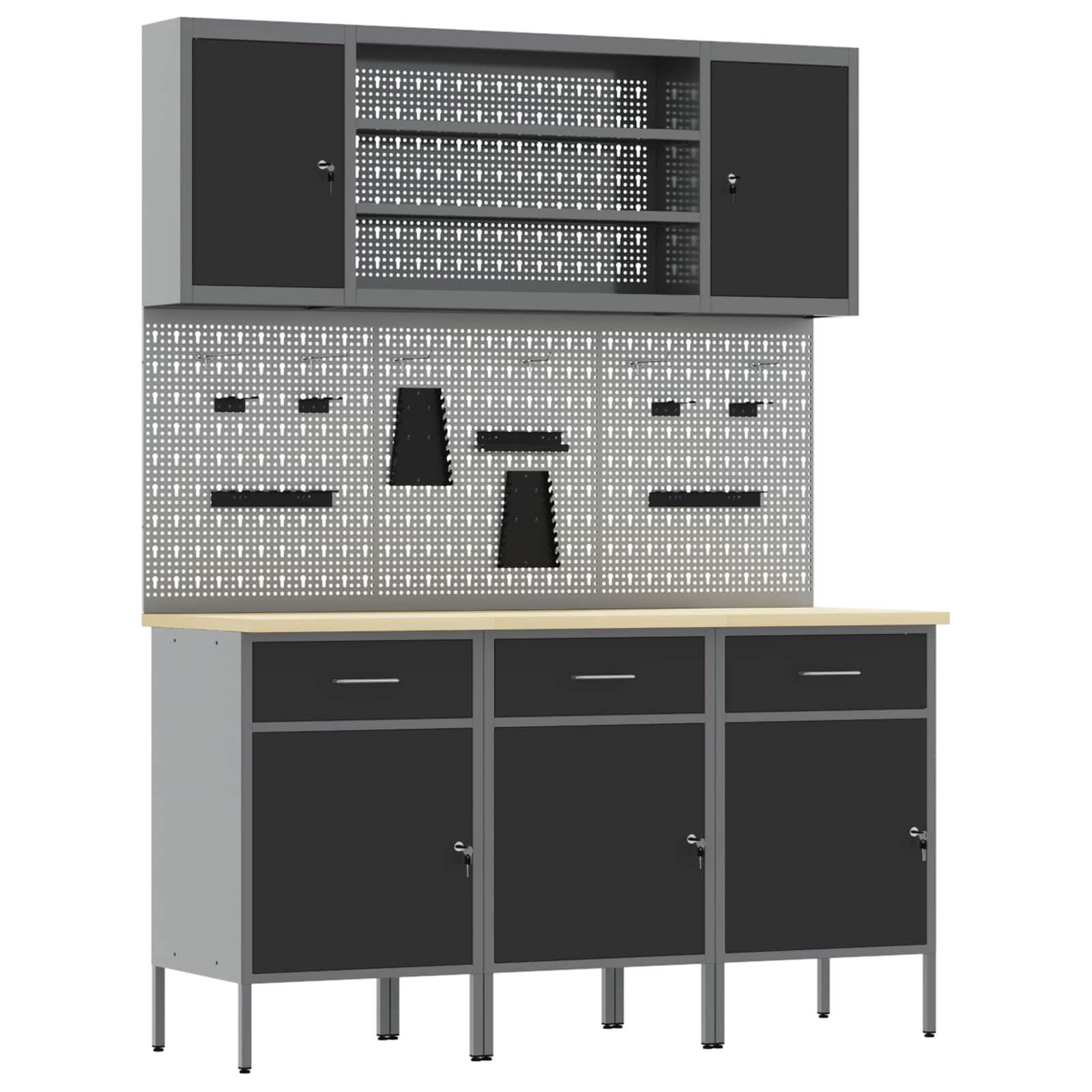 Work Cabinet with Drawer 7 pcs Black Engineered wood and steel