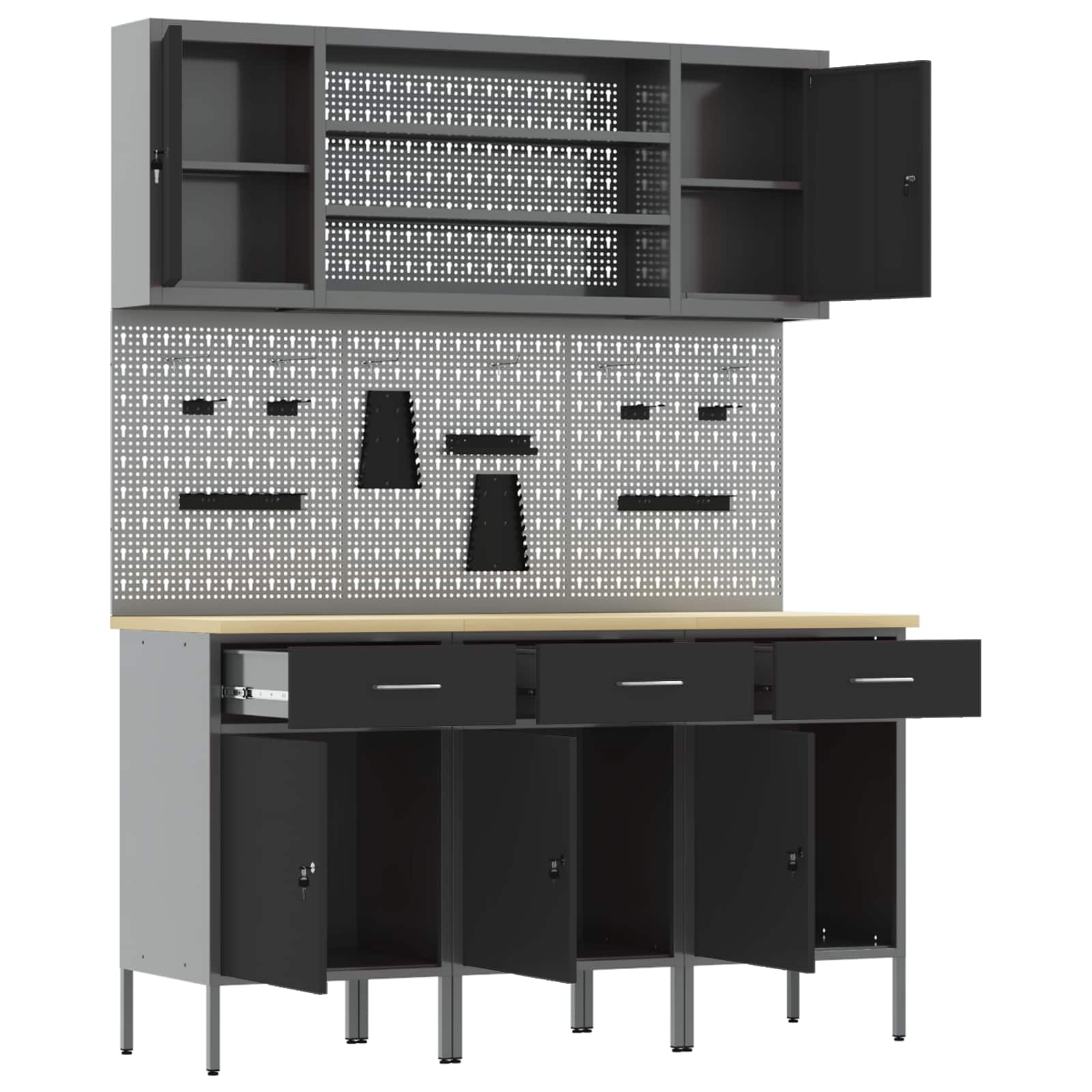 Work Cabinet with Drawer 7 pcs Black Engineered wood and steel