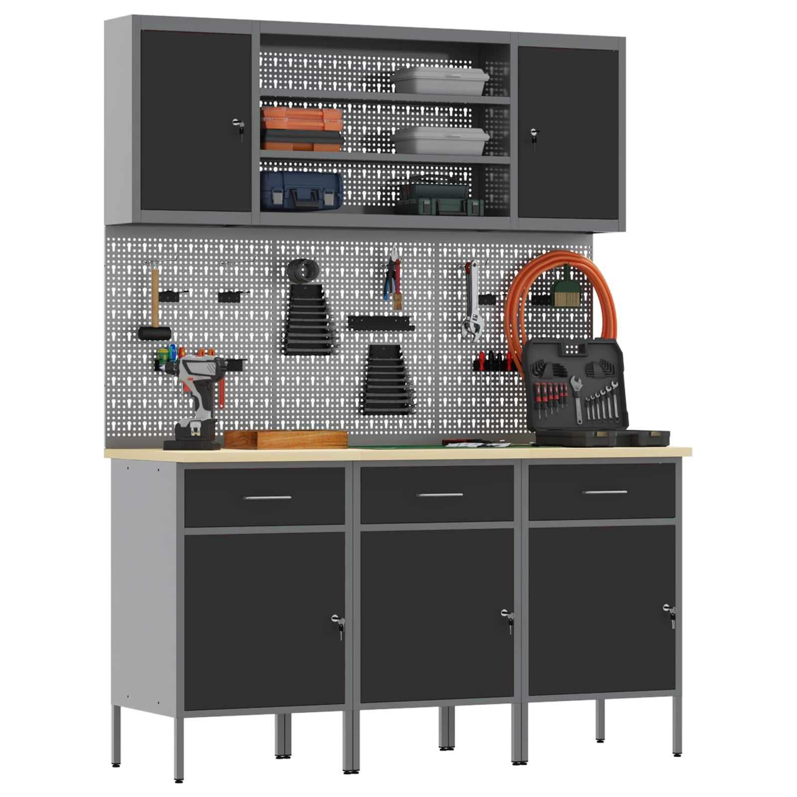 Work Cabinet with Drawer 7 pcs Black Engineered wood and steel
