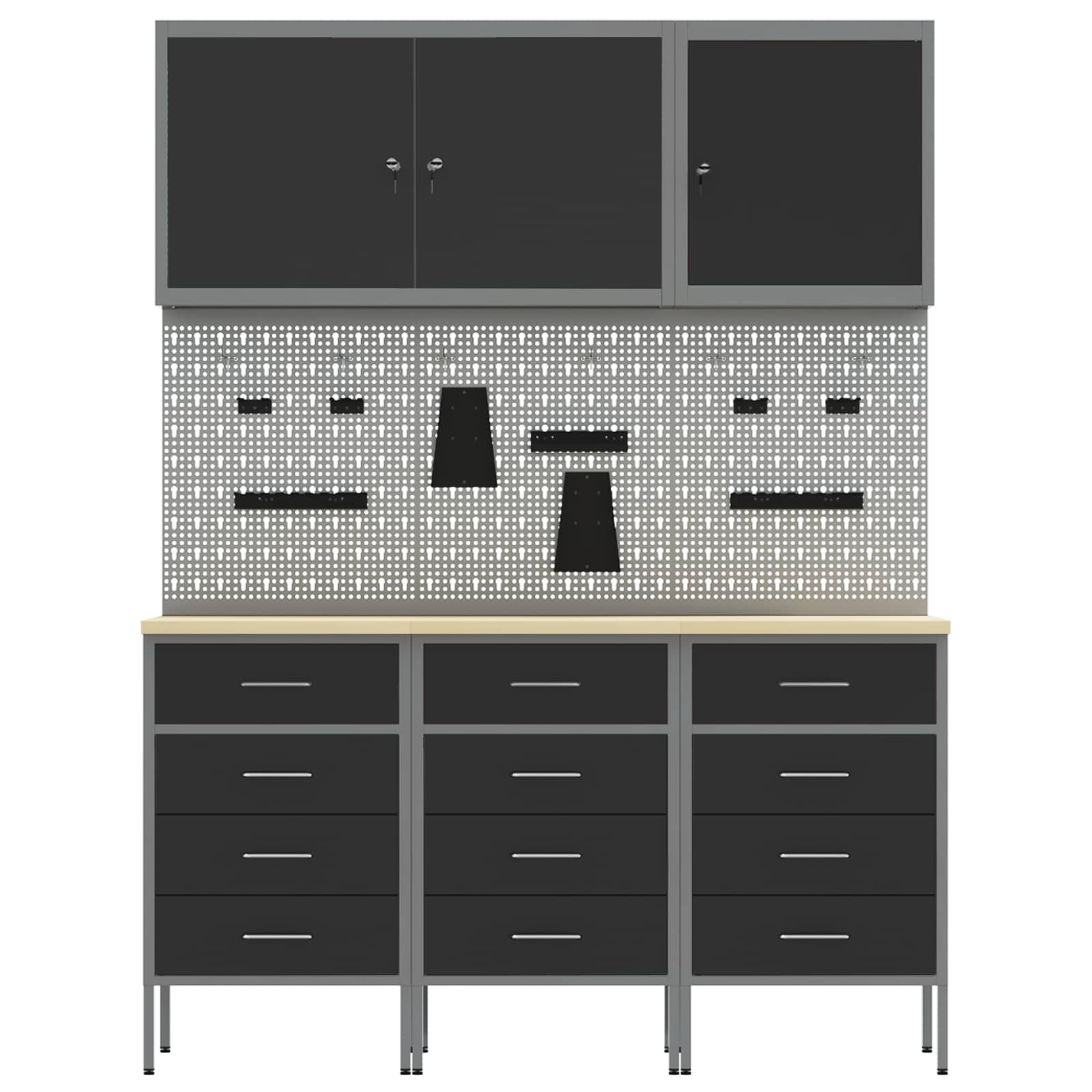 Work Cabinet with Drawer 8 pcs Black Engineered wood and steel