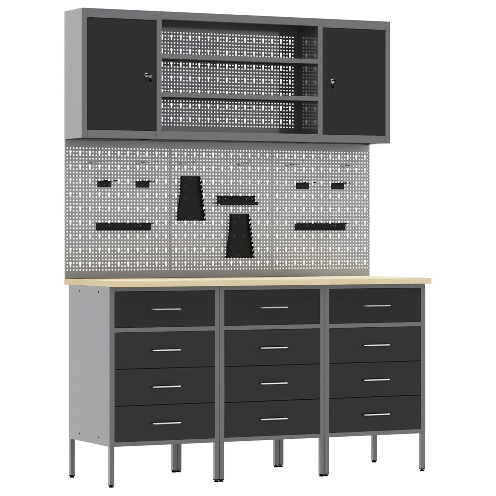 Work Cabinet with Drawer 7 pcs Black Engineered wood and steel