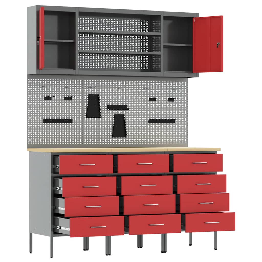 Work Cabinet with Drawer 7 pcs Red Engineered wood and steel