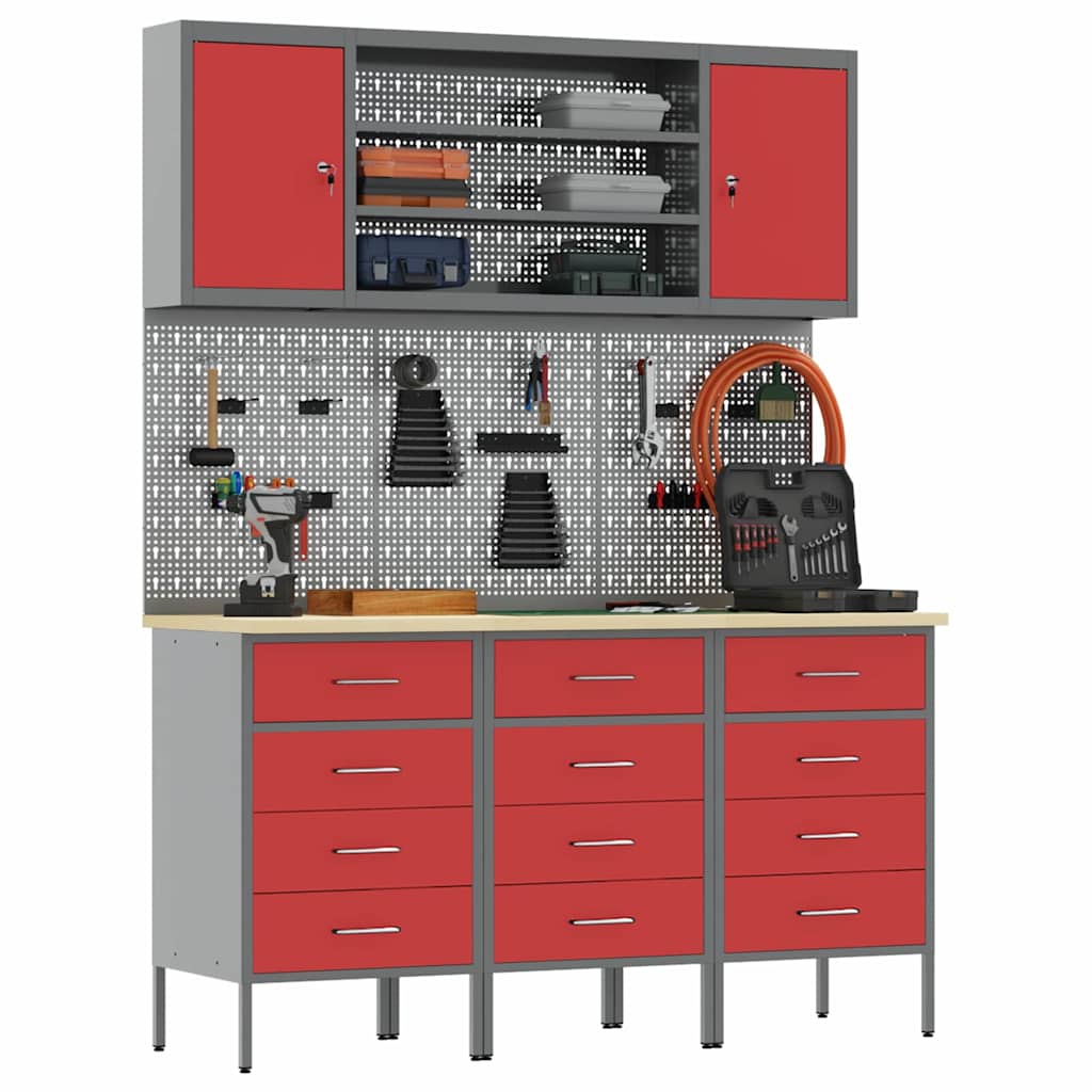 Work Cabinet with Drawer 7 pcs Red Engineered wood and steel