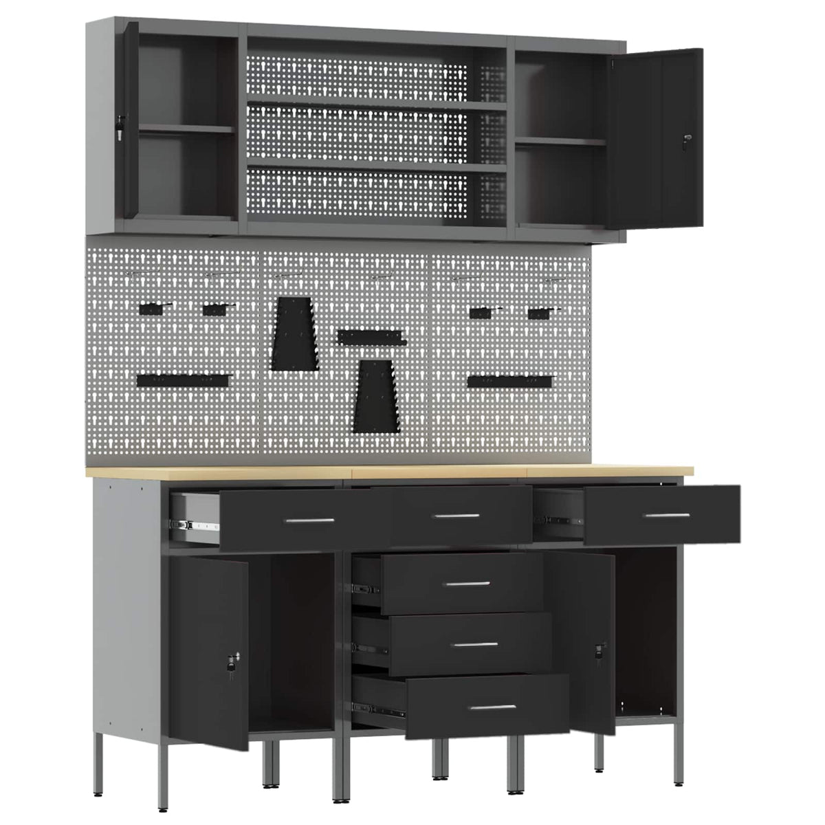 Work Cabinet with Drawer 7 pcs Black Engineered wood and steel