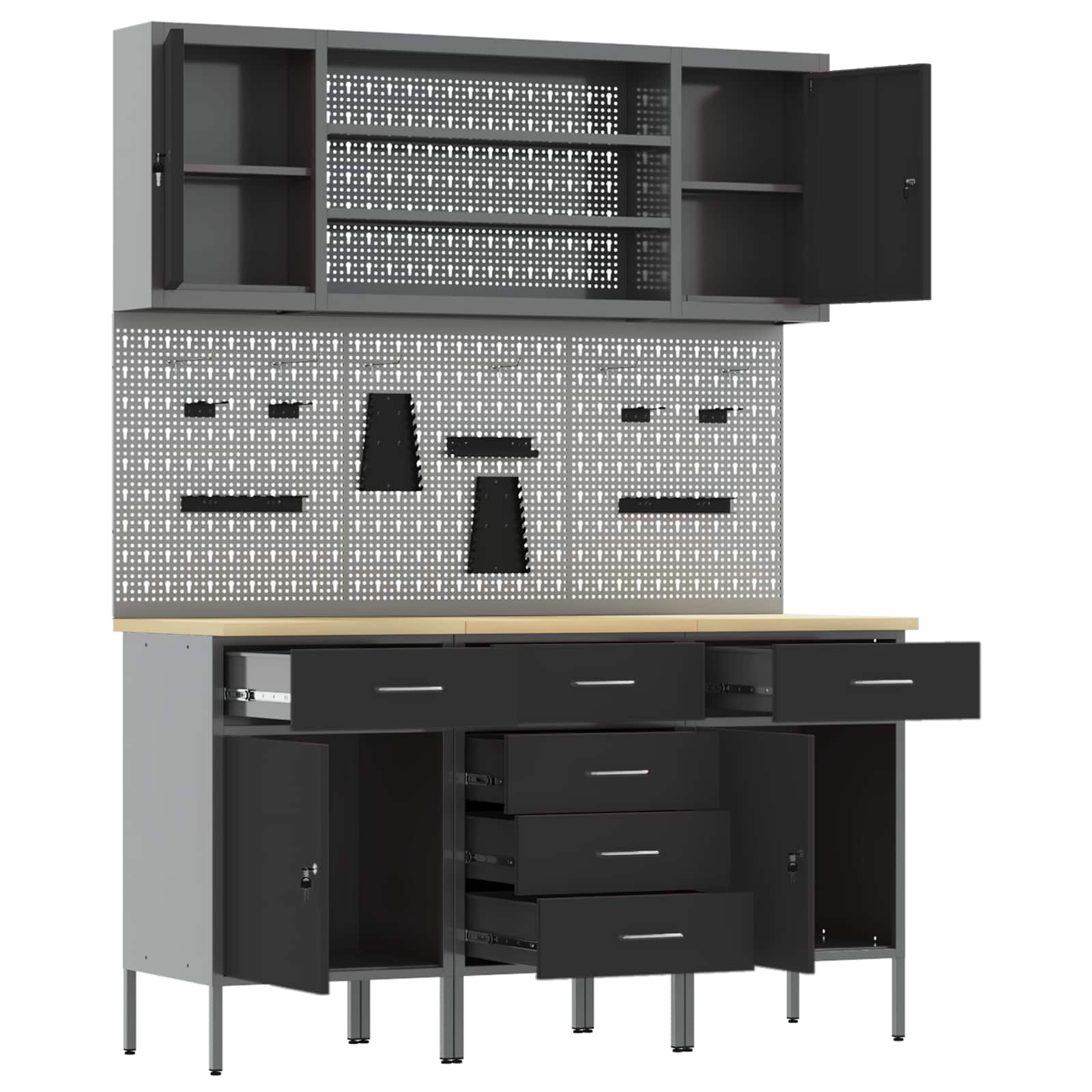 Work Cabinet with Drawer 7 pcs Black Engineered wood and steel