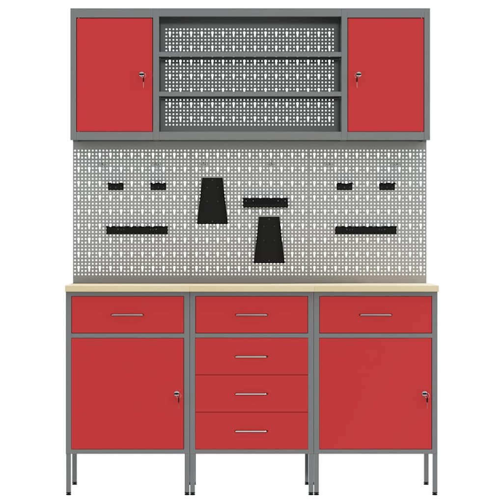 Work Cabinet 7 pcs Red and Grey Engineered wood and steel