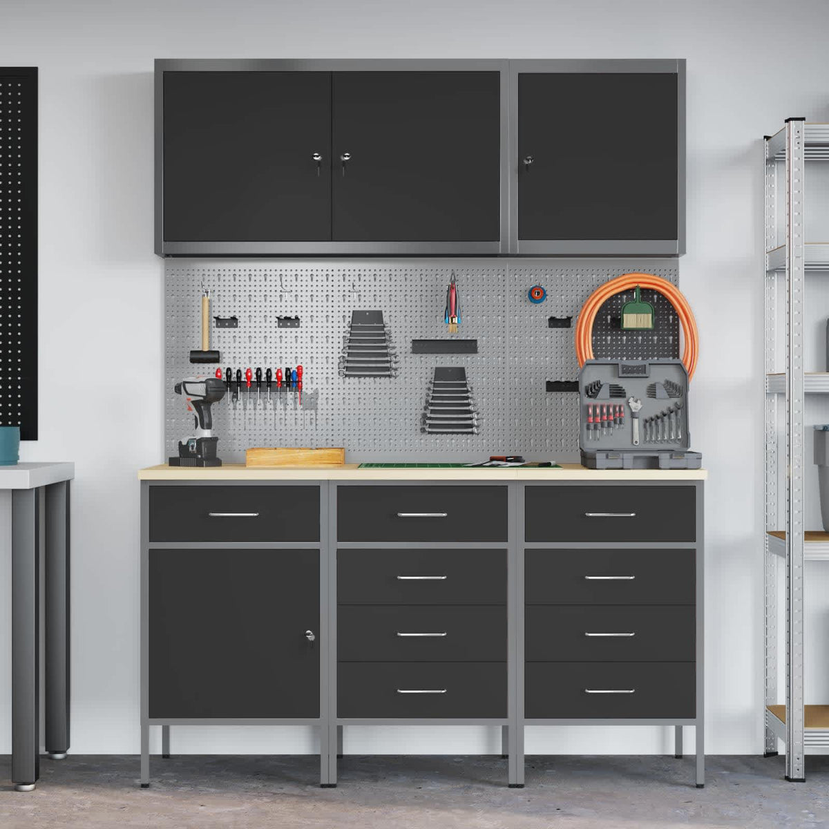 Work Cabinet 8 pcs Black and Grey Engineered wood and steel