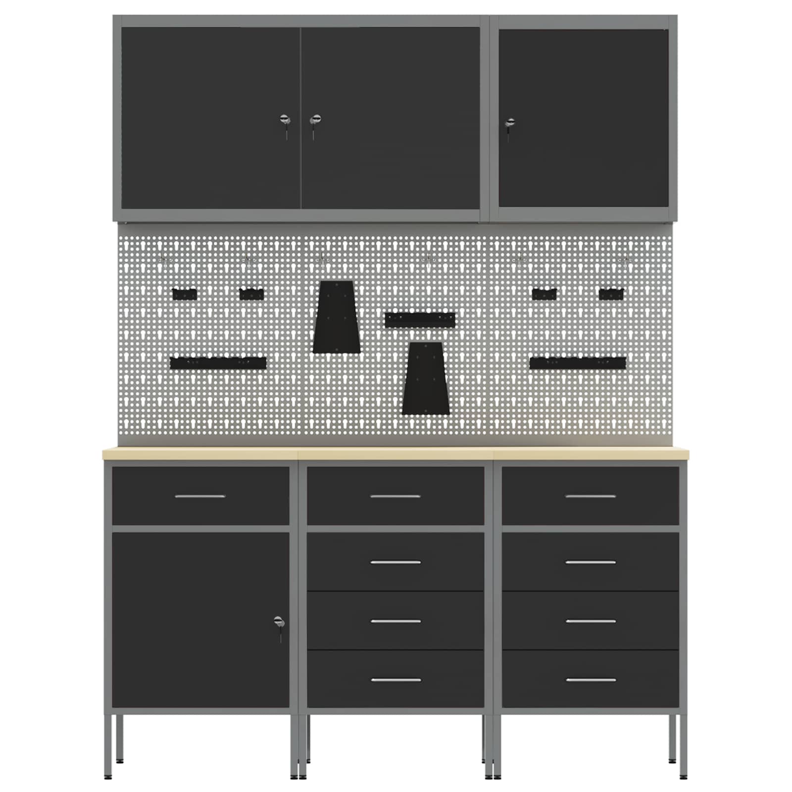 Work Cabinet 8 pcs Black and Grey Engineered wood and steel