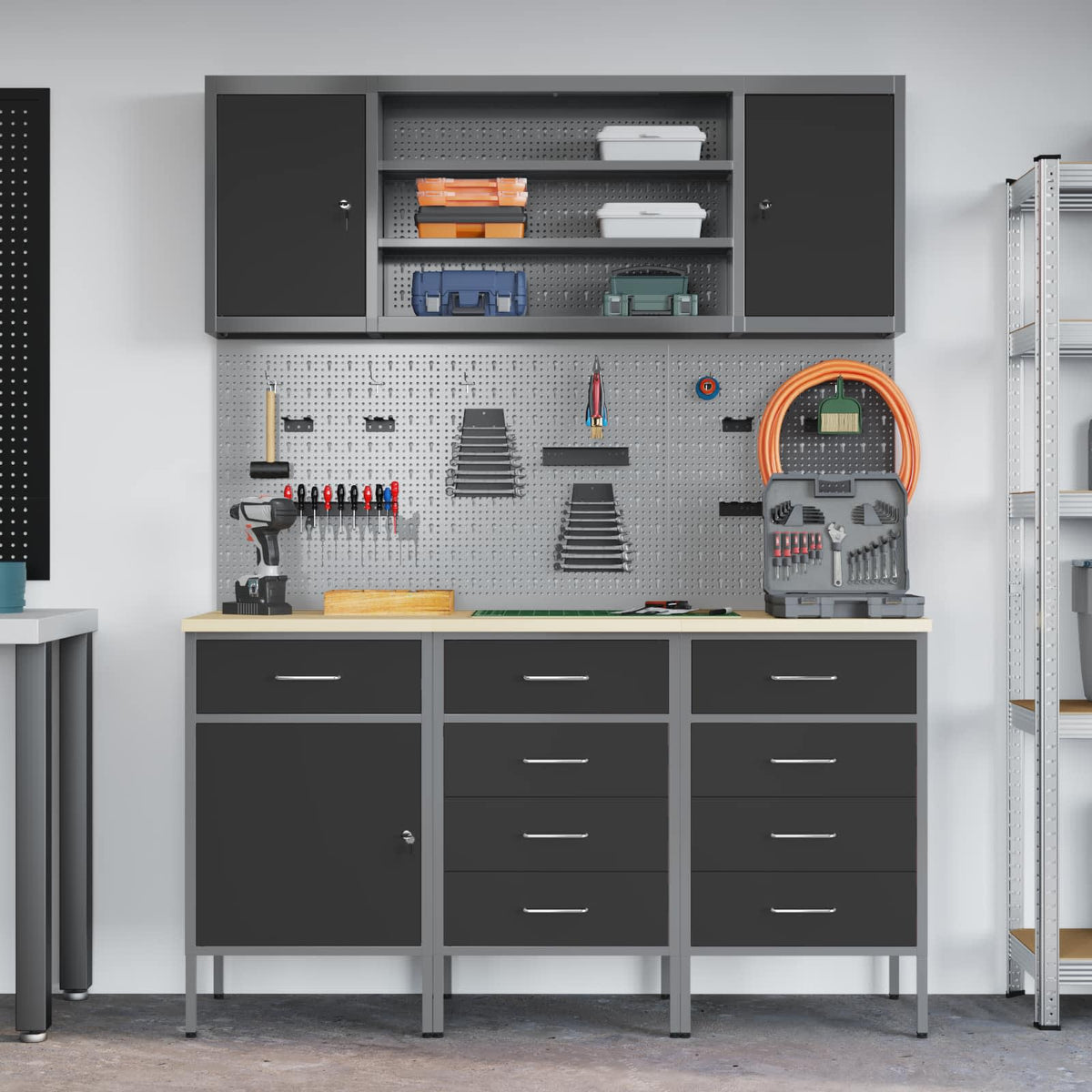 Work Cabinet 7 pcs Black and Grey Engineered wood and steel