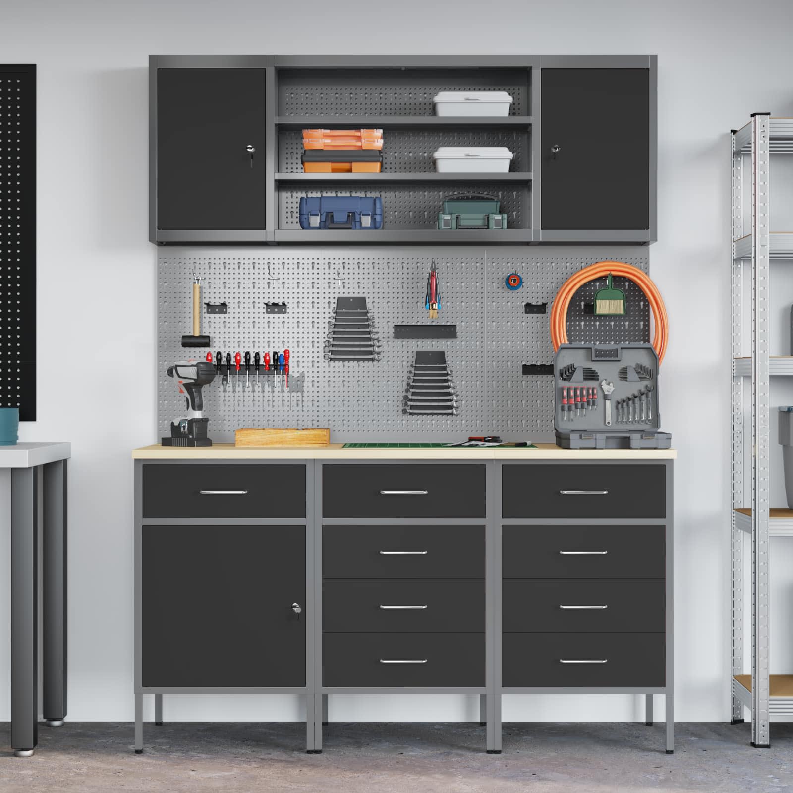 Work Cabinet 7 pcs Black and Grey Engineered wood and steel