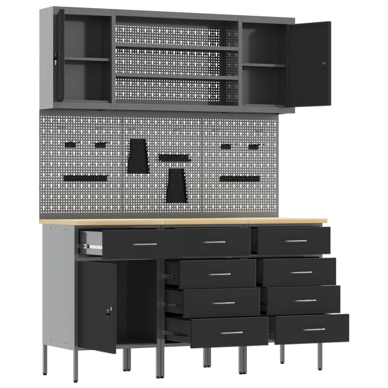 Work Cabinet 7 pcs Black and Grey Engineered wood and steel