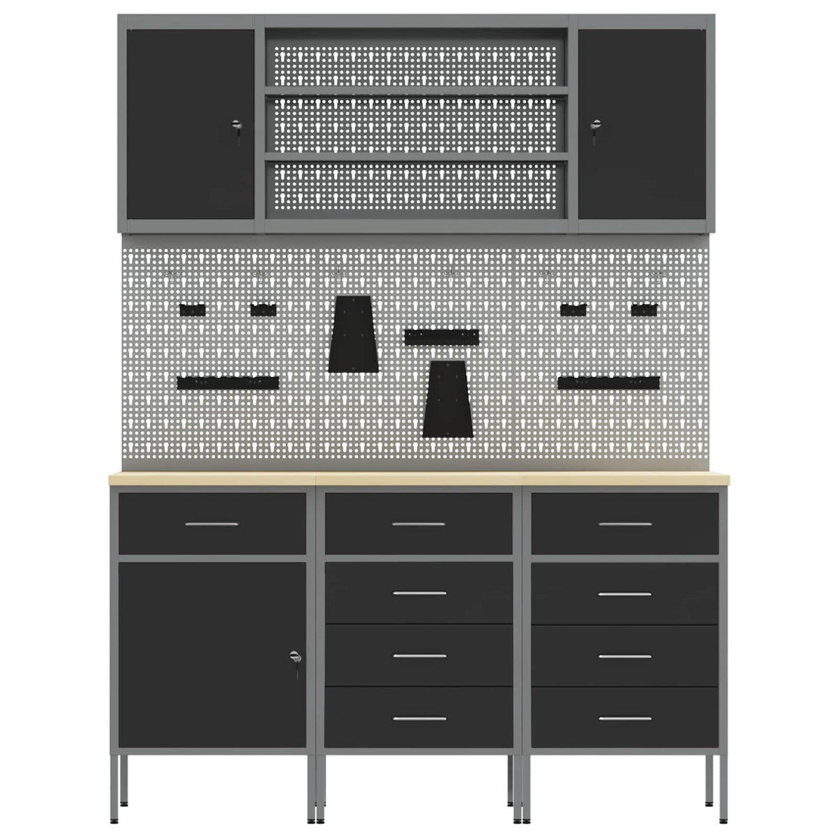 Work Cabinet 7 pcs Black and Grey Engineered wood and steel