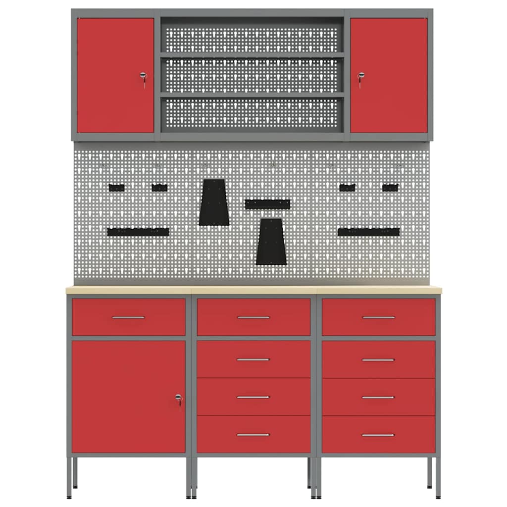 Work Cabinet 7 pcs Red and Grey Engineered wood and steel