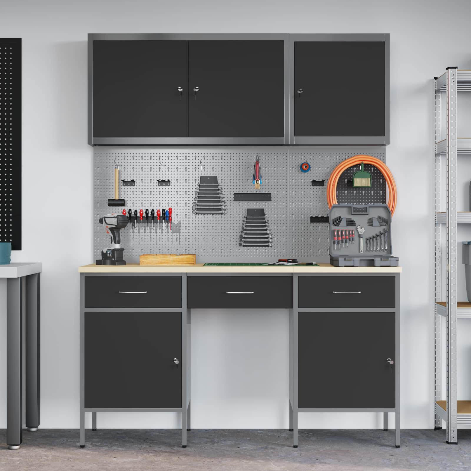 Work Cabinet with Drawer 8 pcs Black Engineered wood and steel