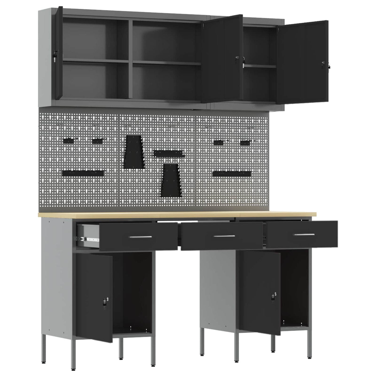 Work Cabinet with Drawer 8 pcs Black Engineered wood and steel
