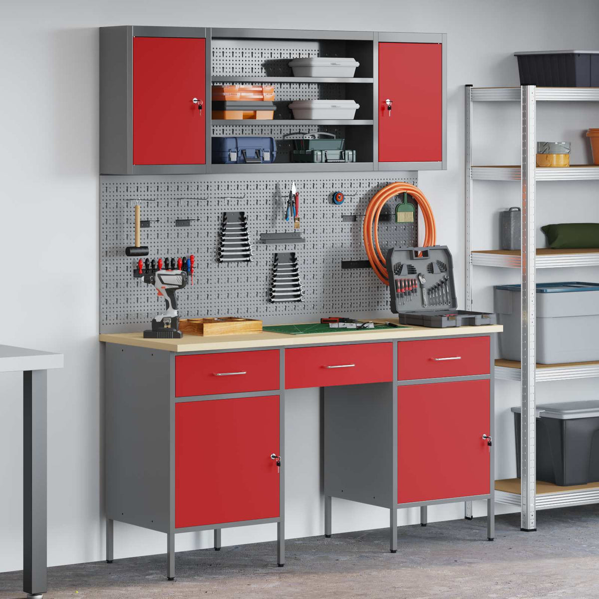 Work Cabinet 7 pcs Red and Grey Engineered wood and steel