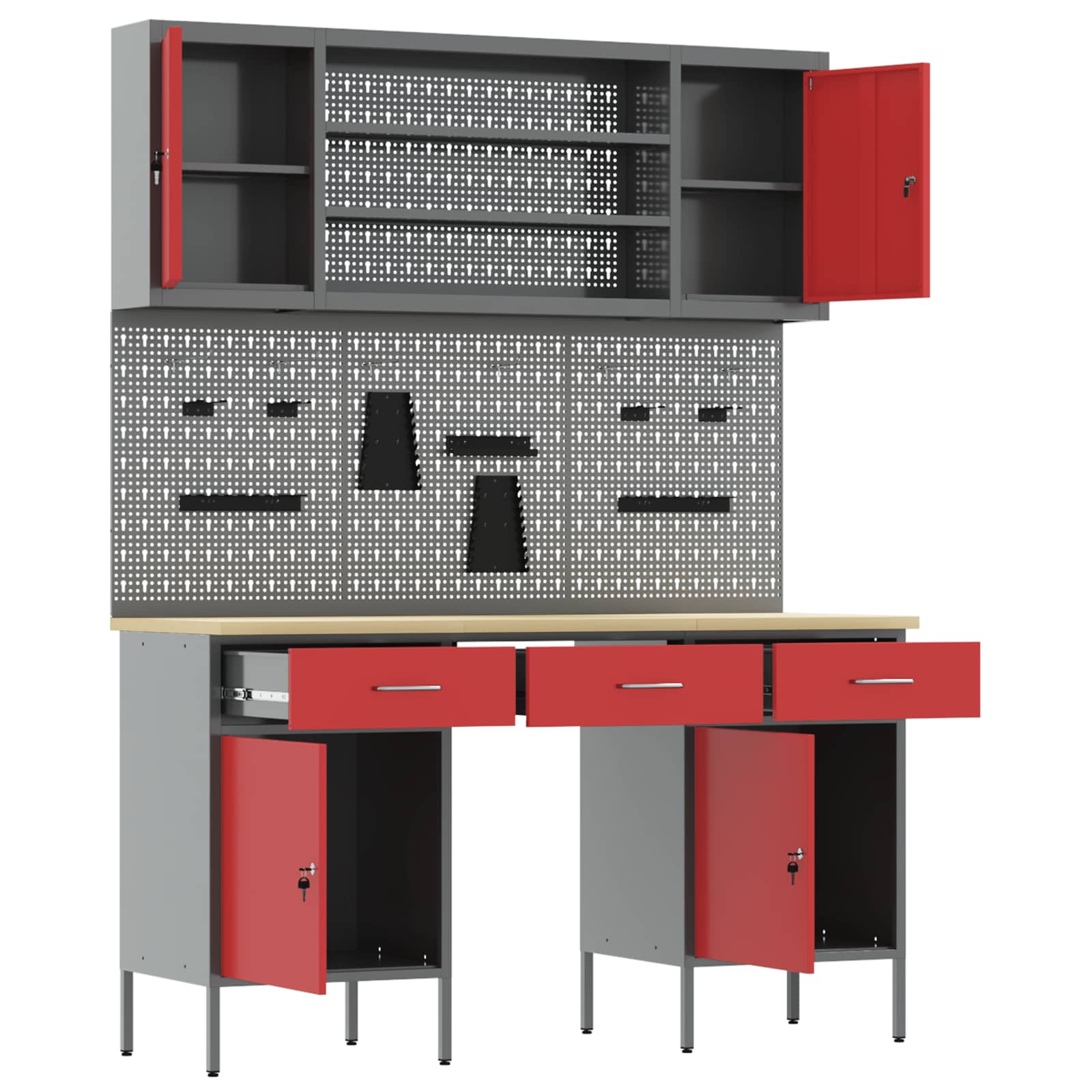 Work Cabinet 7 pcs Red and Grey Engineered wood and steel