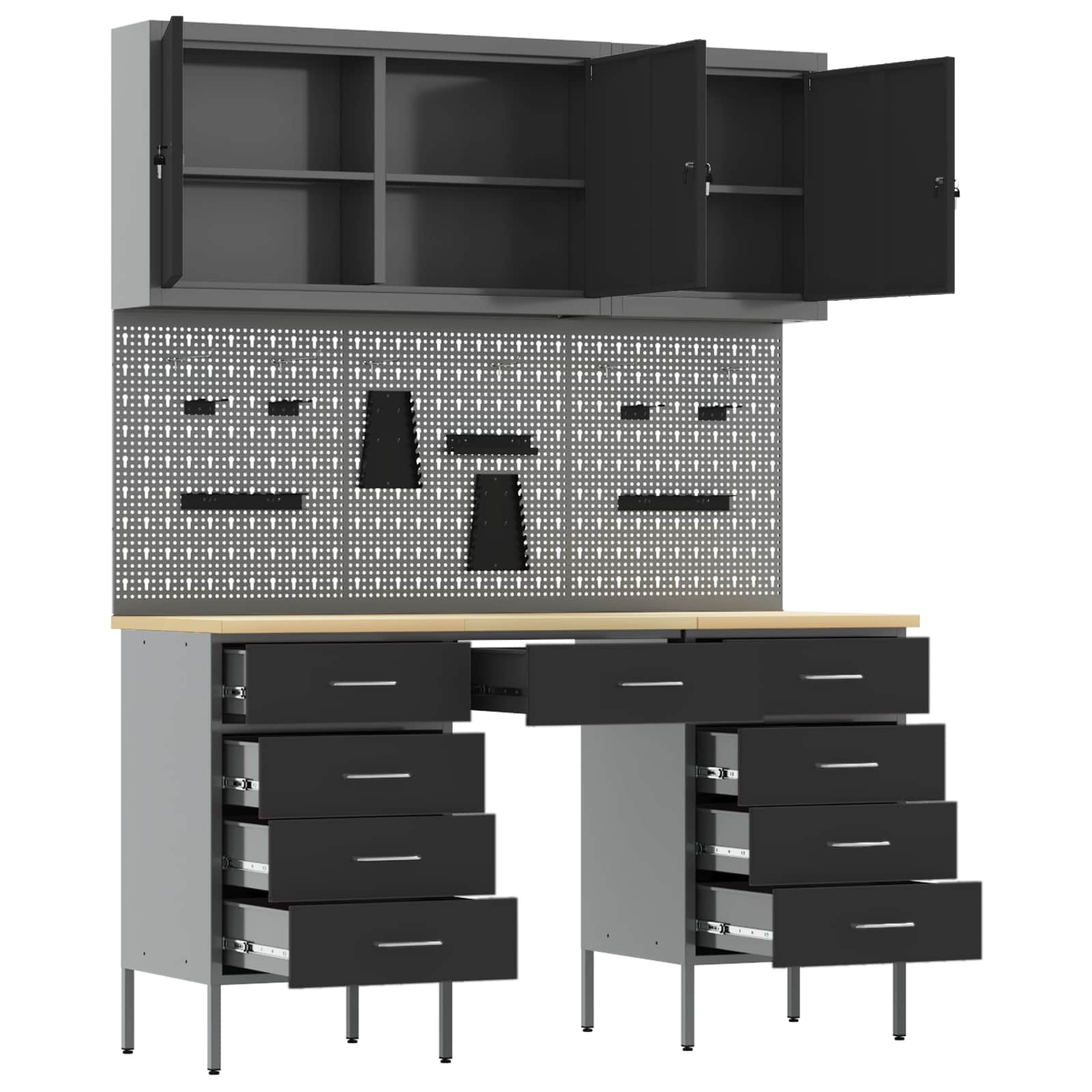 Work Cabinet 8 pcs Black and Grey Engineered wood and steel