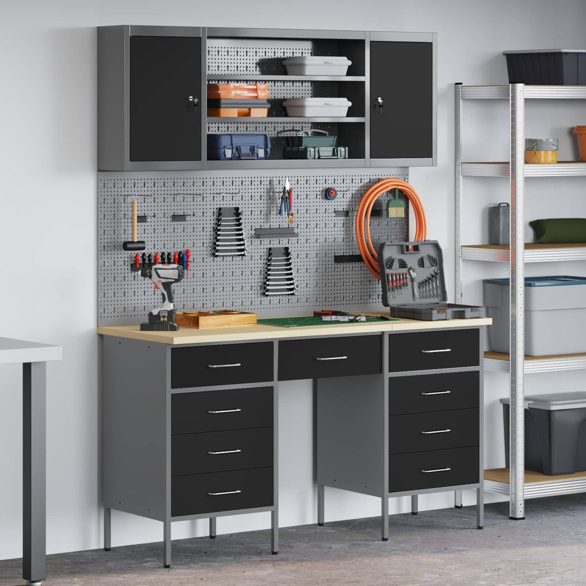 Work Cabinet with Drawer 7 pcs Black Engineered wood and steel