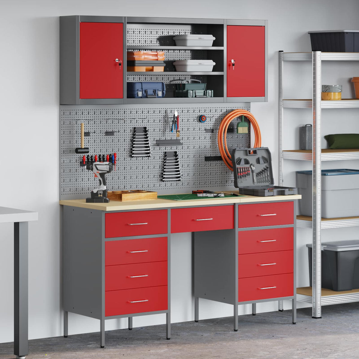 Work Cabinet 7 pcs Red and Grey Engineered wood and steel