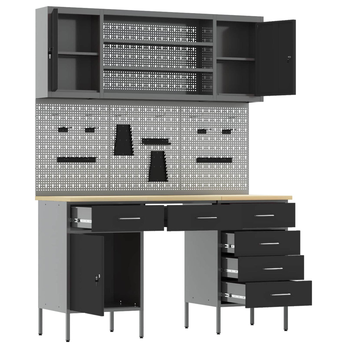 Work Cabinet with Drawer 7 pcs Black Engineered wood and steel